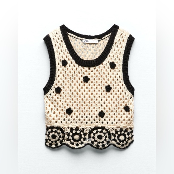 Zara Floral Crochet Crop Top in Ecru and Black - Picture 1 of 10
